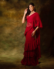 Load image into Gallery viewer, The Maroon Mirror Ruffle Sari