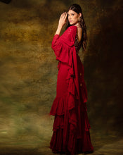 Load image into Gallery viewer, The Maroon Mirror Ruffle Sari