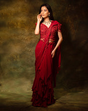 Load image into Gallery viewer, The Maroon Floral Ruffle Sari
