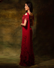 Load image into Gallery viewer, The Maroon Floral Ruffle Sari

