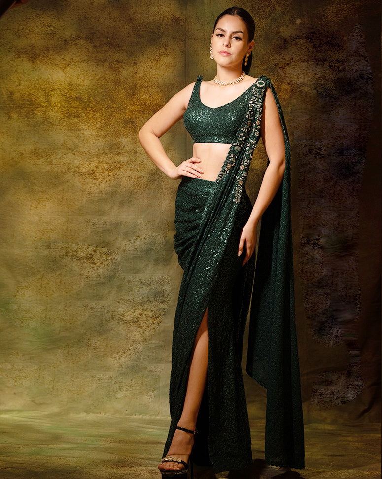 The Shimmering Green Slit Sari