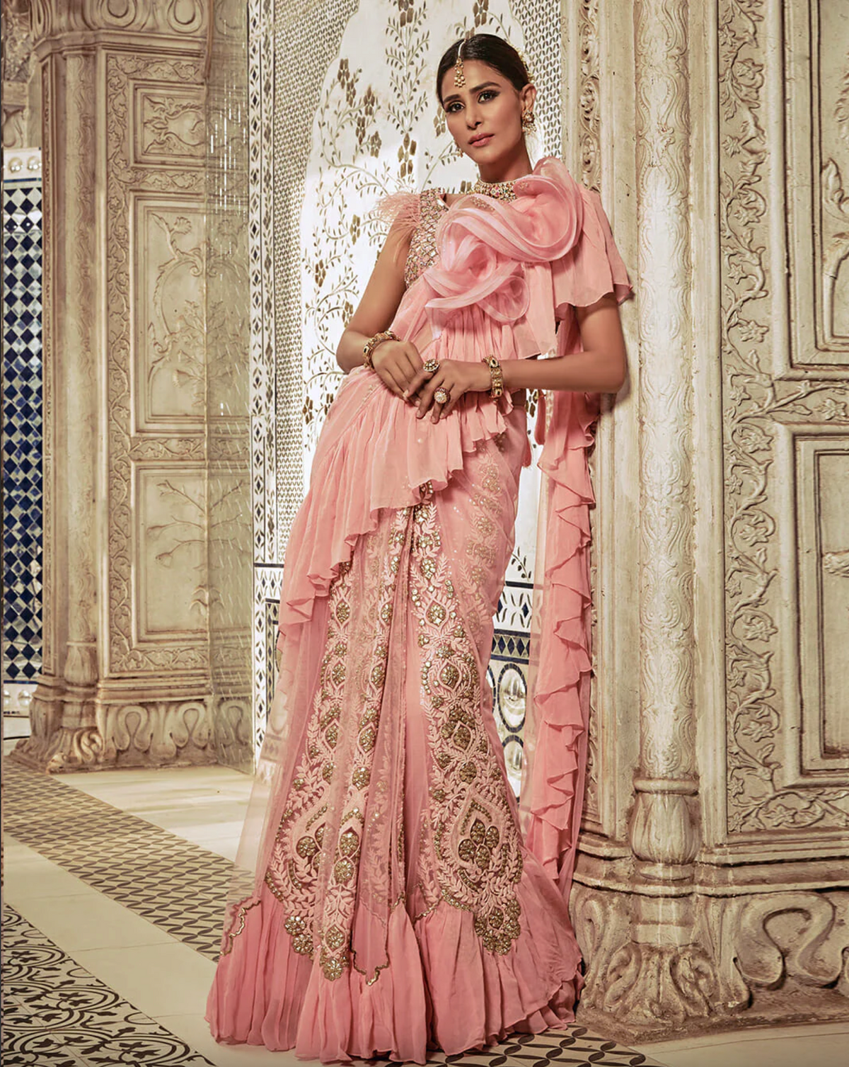 Powder pink Ruffle Saree