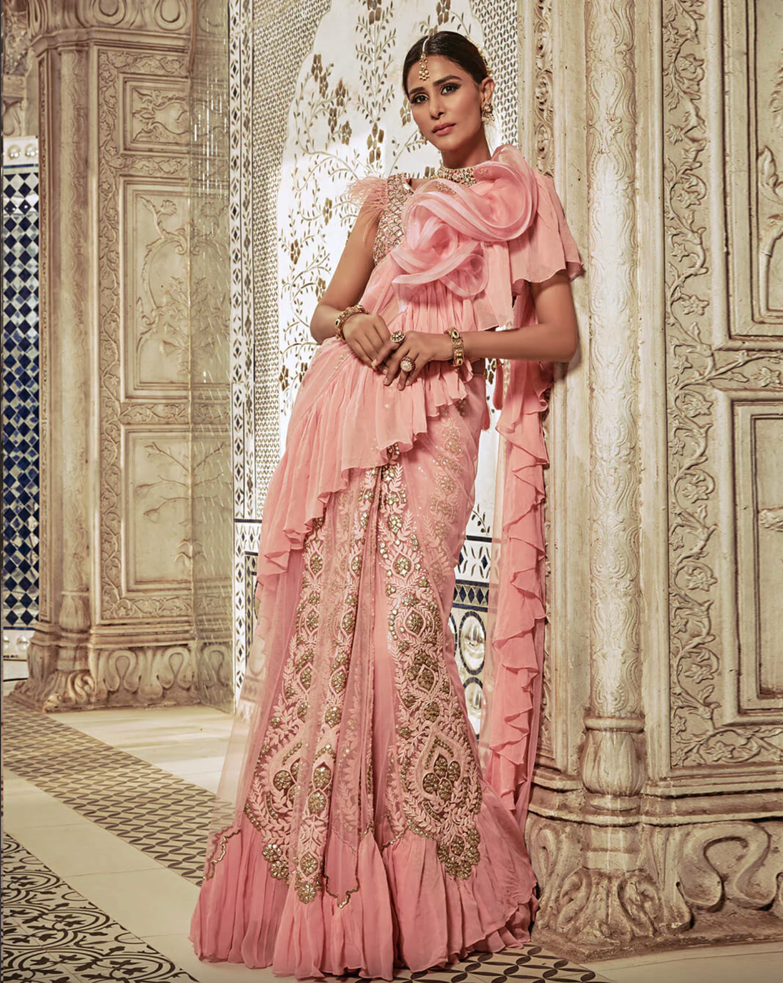 Powder pink Ruffle Saree