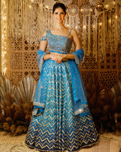 Load image into Gallery viewer, Blue Chevron Mirror Lehenga