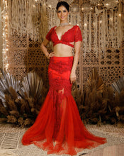 Load image into Gallery viewer, The contemporary red lace lehenga