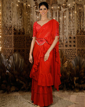 Load image into Gallery viewer, The red mirror ruffle sari
