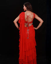 Load image into Gallery viewer, The Shimmering Rouge Ruffle Sari