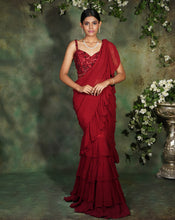Load image into Gallery viewer, The Floral Maroon Ruffle Sari