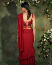 Load image into Gallery viewer, The Floral Maroon Ruffle Sari