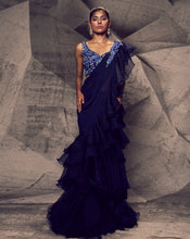 Load image into Gallery viewer, The Shimmering Blue Ruffle Sari
