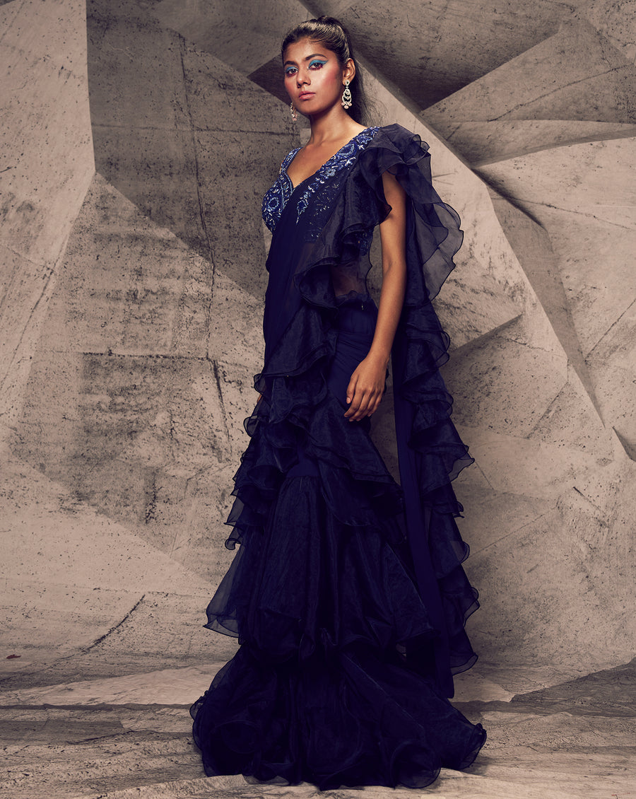 The Shimmering Blue Ruffle Sari