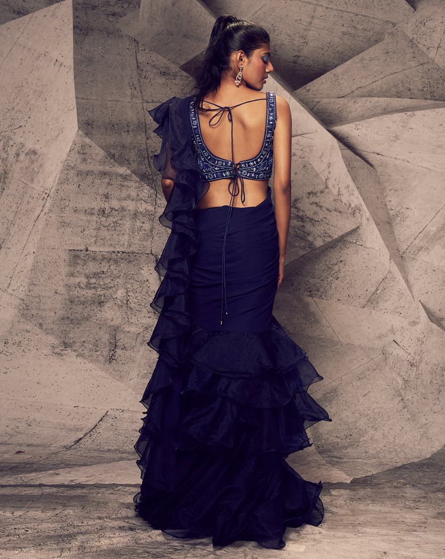 The Shimmering Blue Ruffle Sari
