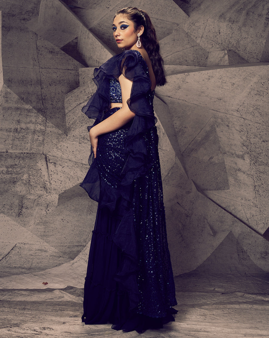 The Shimmering Blue Sharara Sari