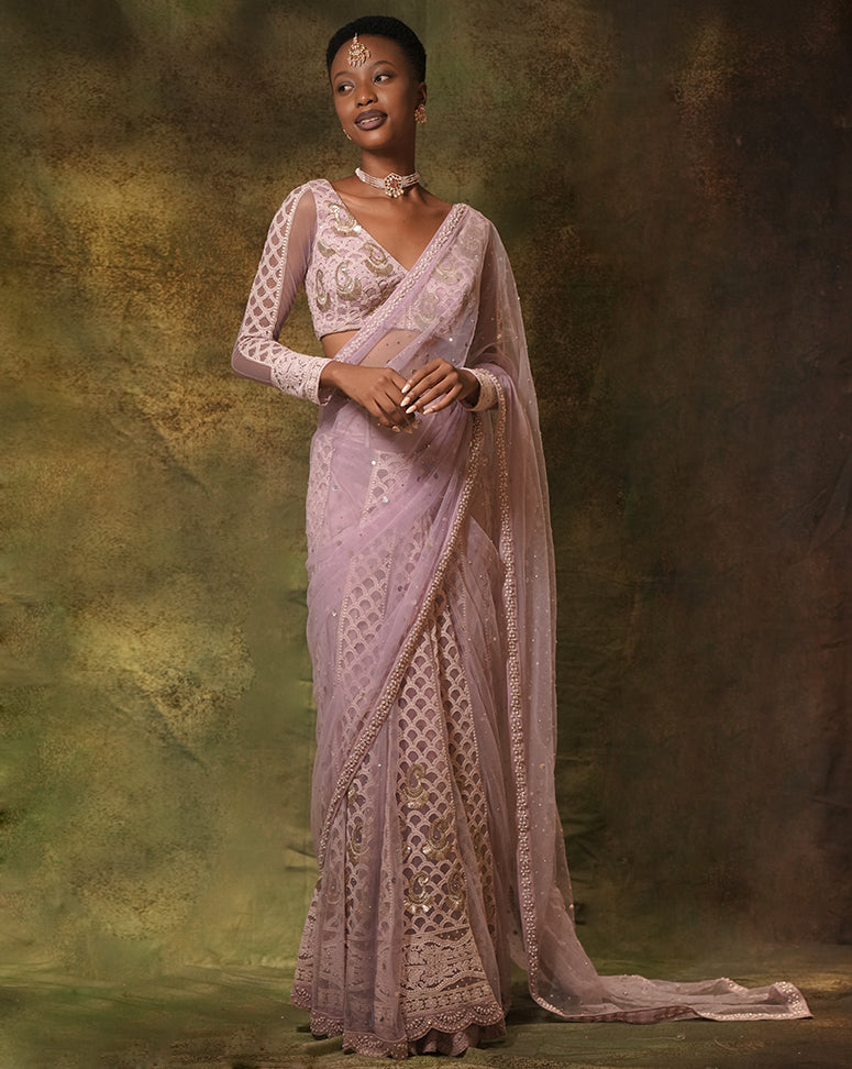 The Lilac Lucknowi Sari