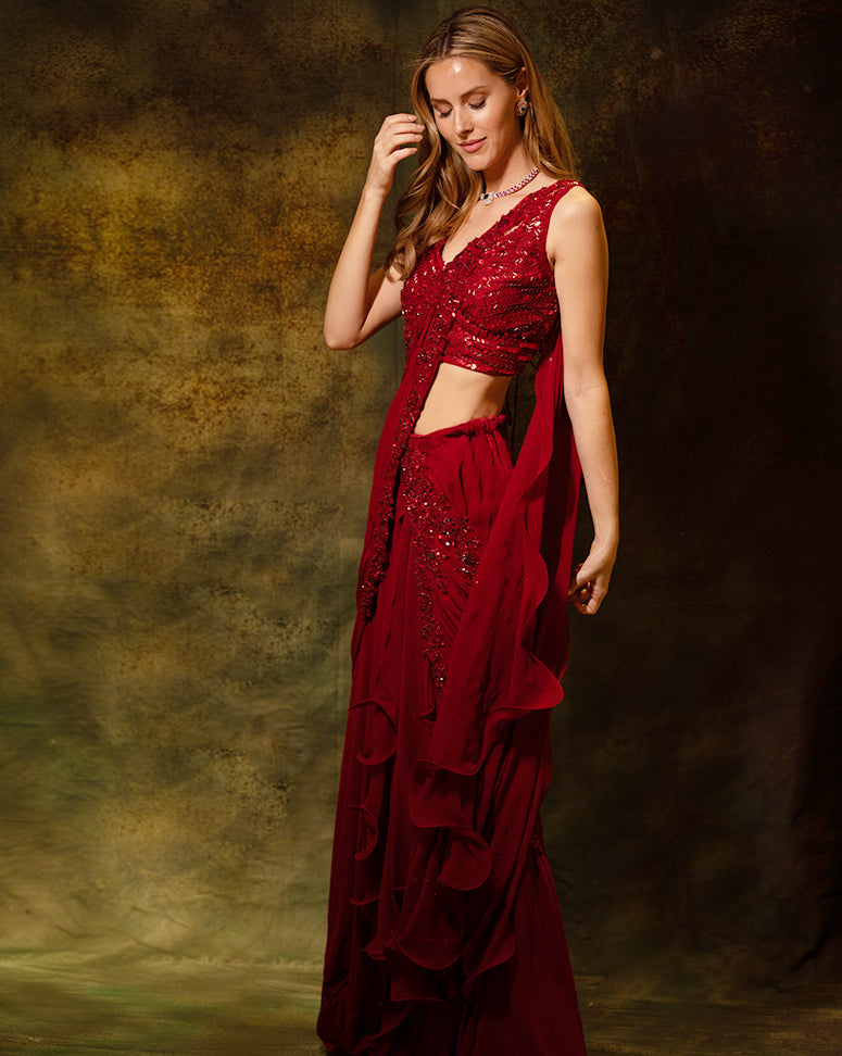 The Maroon Sequins Skirt Sari