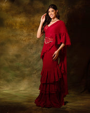 Load image into Gallery viewer, The Maroon Mirror Ruffle Sari
