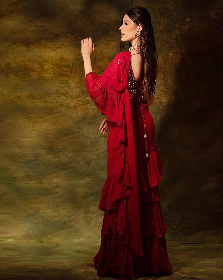 The Maroon Mirror Ruffle Sari