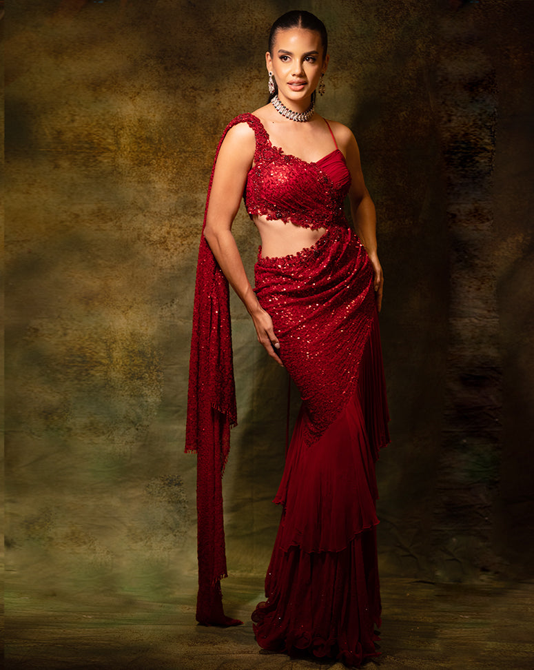 The Red Sequins Gown Sari