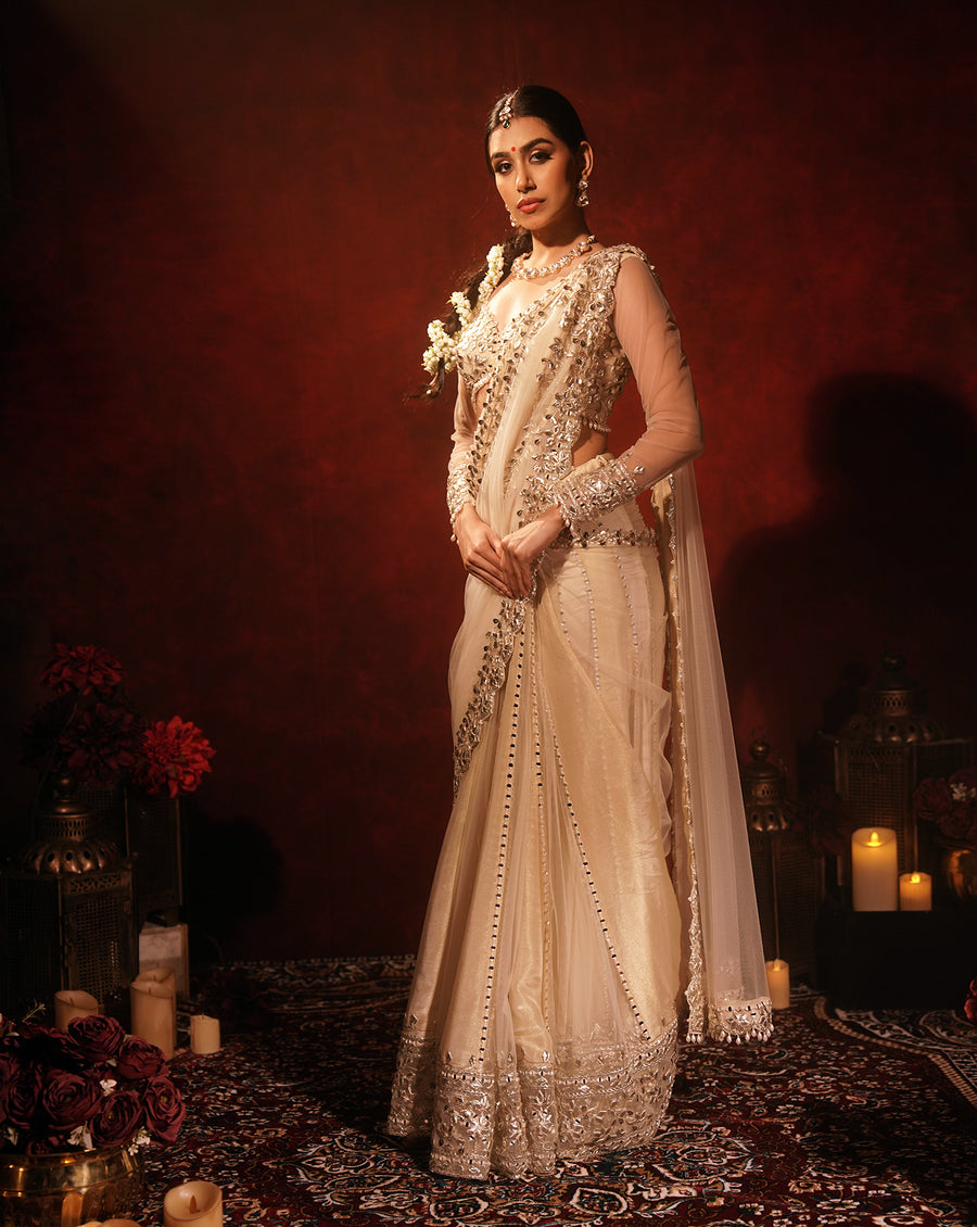 Ivory Gotta Patti Kali Saree