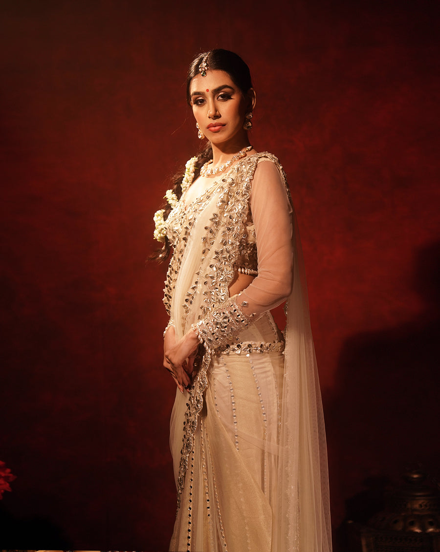 Ivory Gotta Patti Kali Saree
