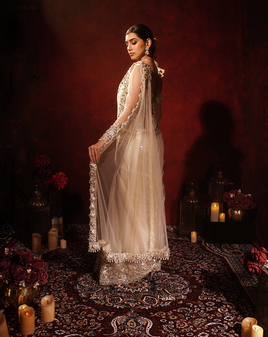 Ivory Gotta Patti Kali Saree