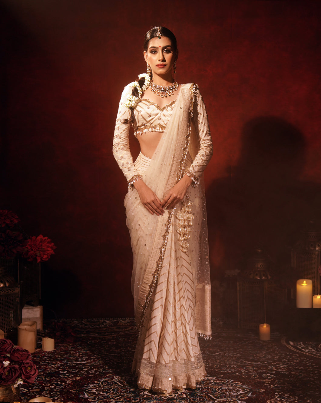 Chevron Ivory Kali saree