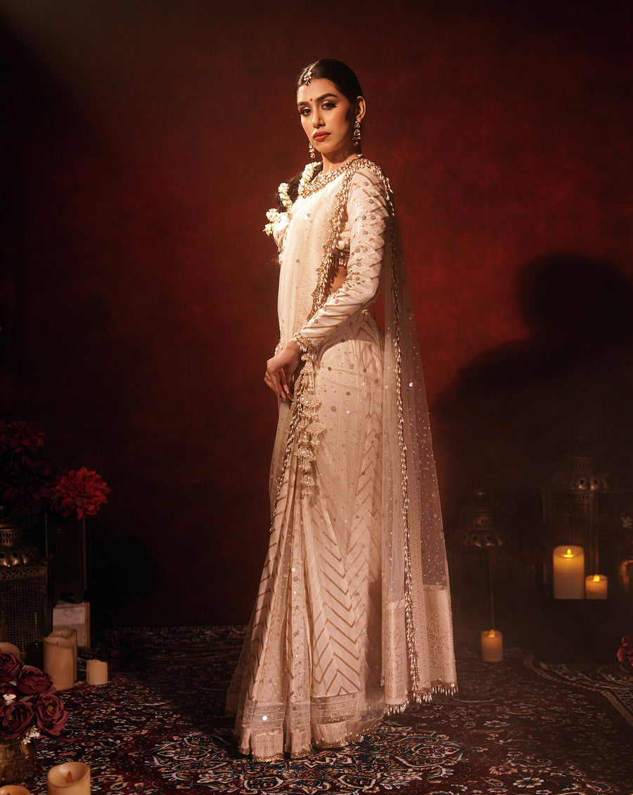 Chevron Ivory Kali saree