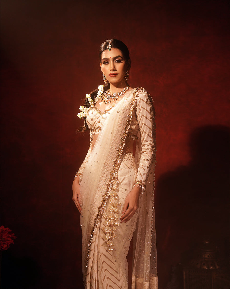 Chevron Ivory Kali saree
