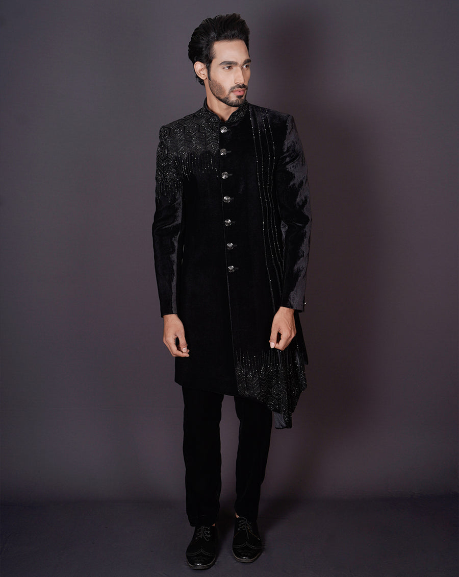 MOF Asymmetrical Black Sherwani