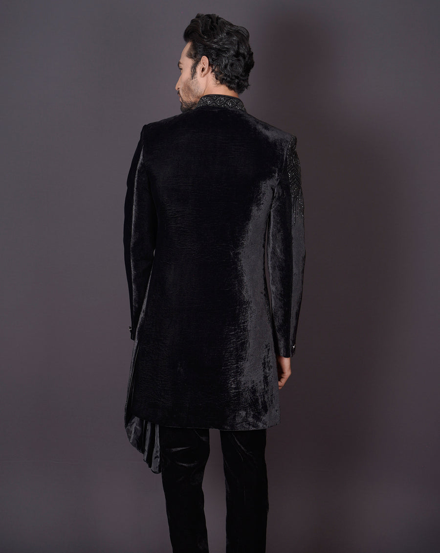 MOF Asymmetrical Black Sherwani