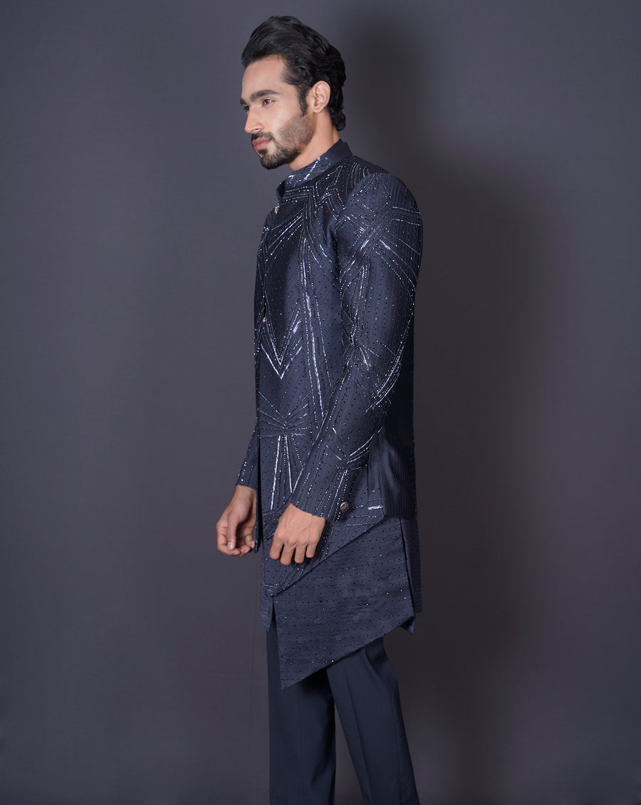 MOF Embroidered Blue Sherwani