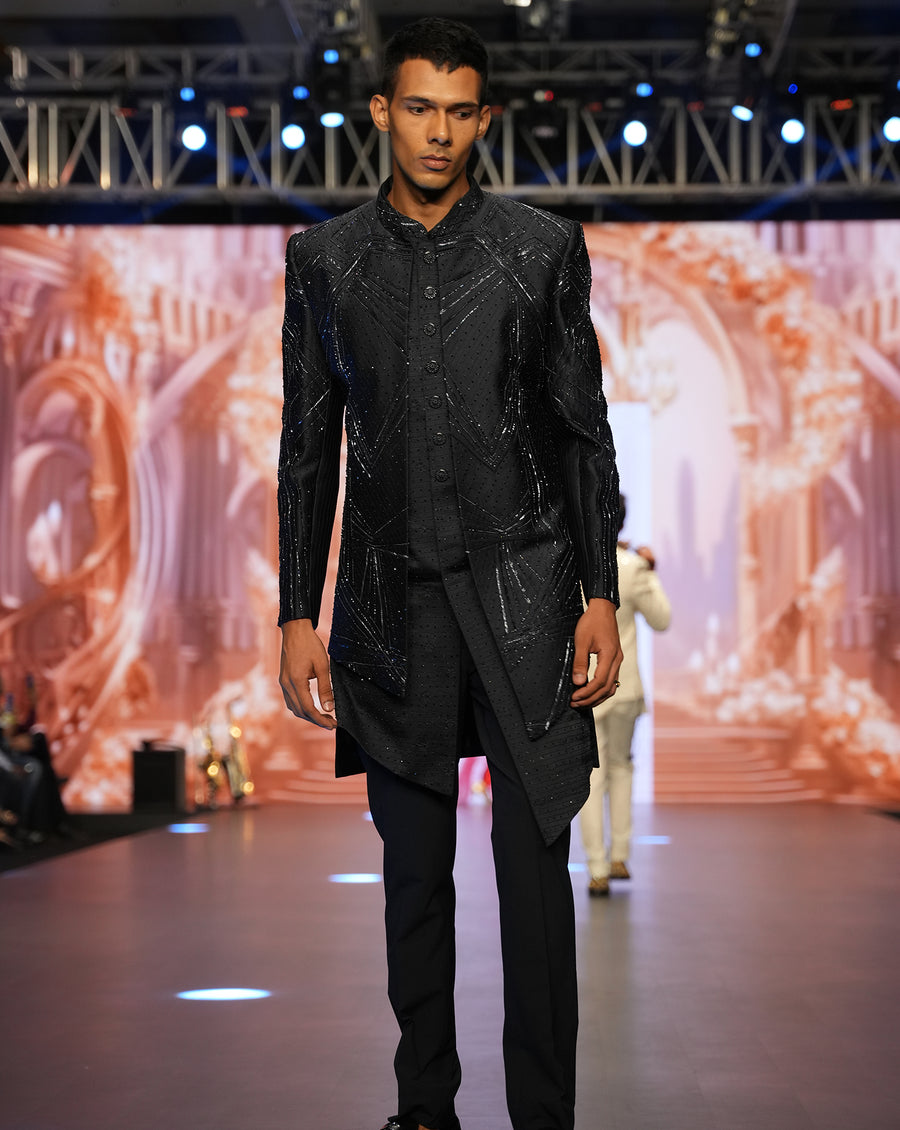 MOF Embroidered Blue Sherwani