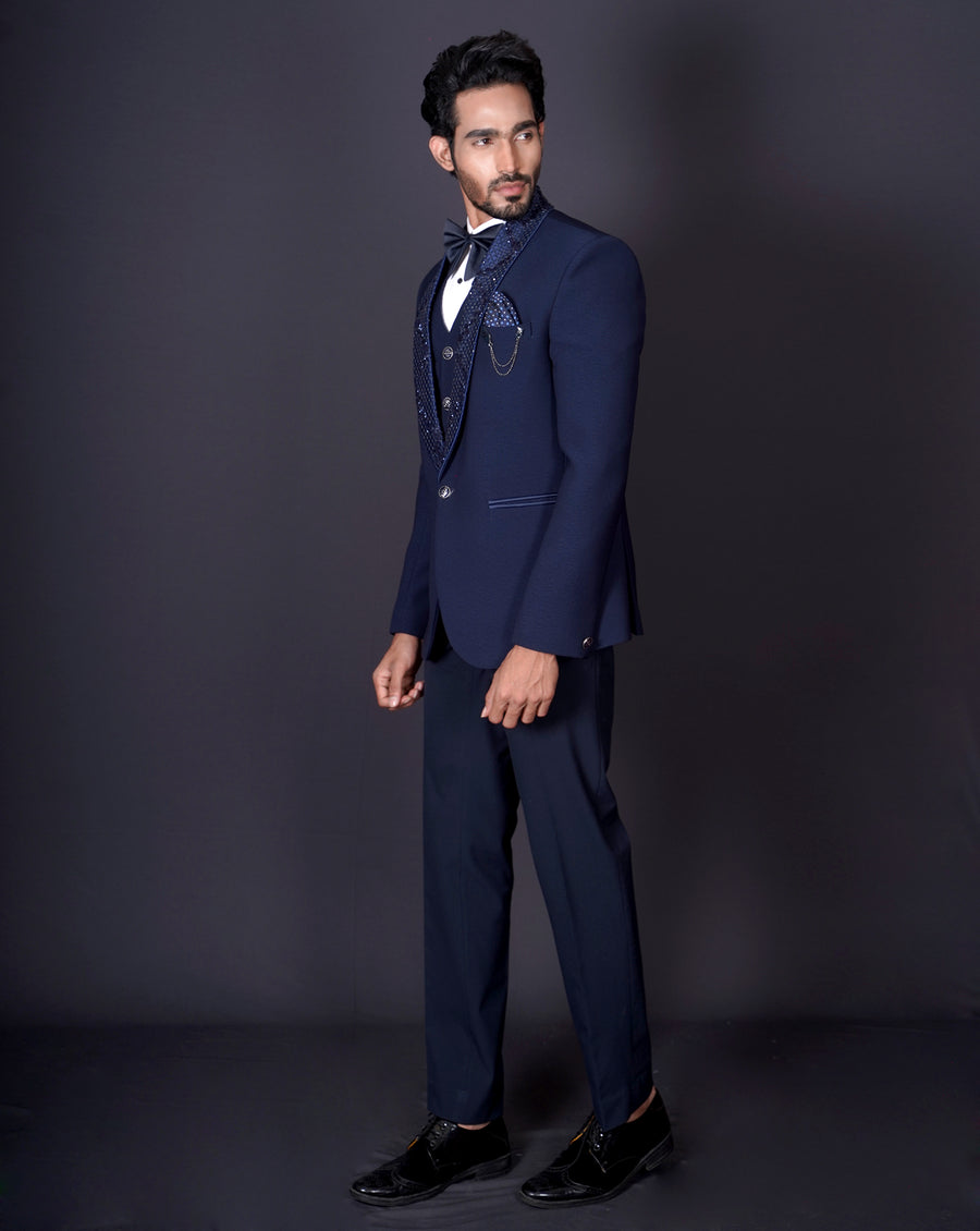 Navy Embroidered Tuxedo Set