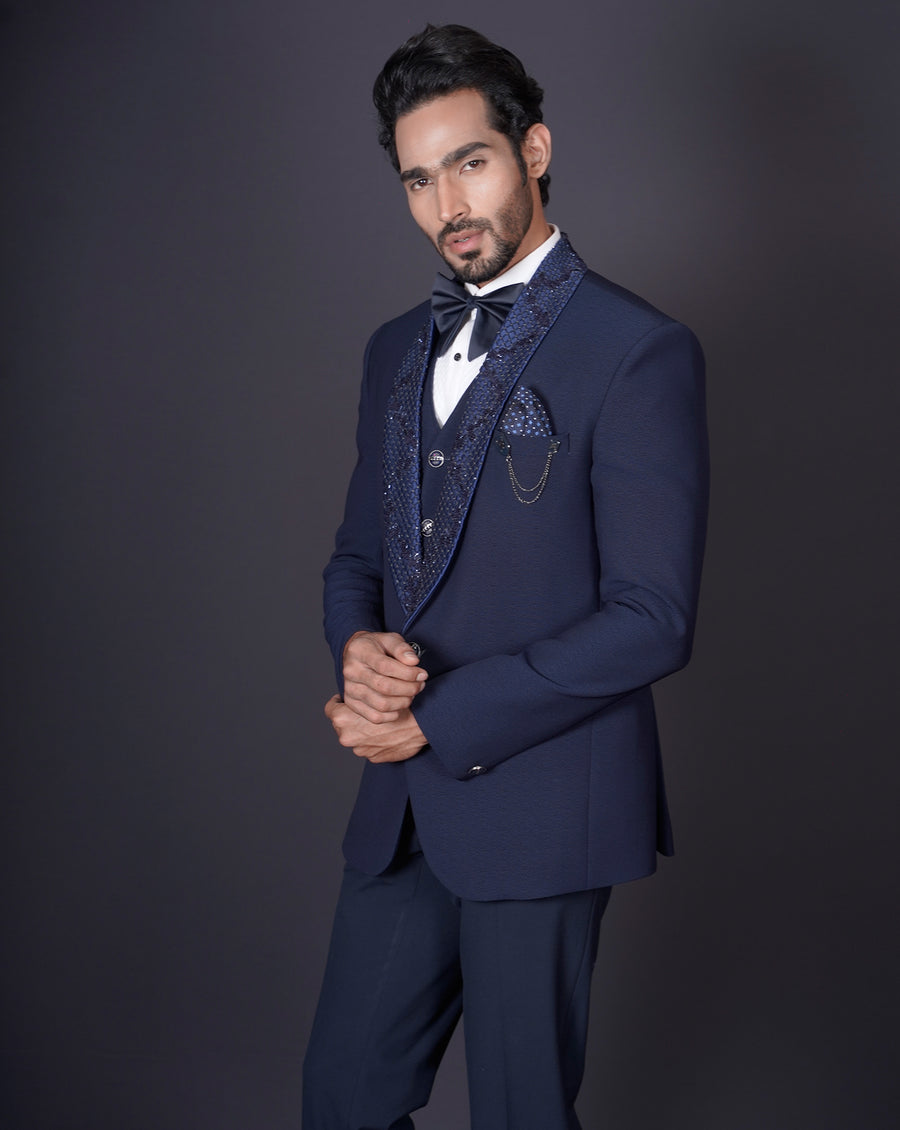 Navy Embroidered Tuxedo Set