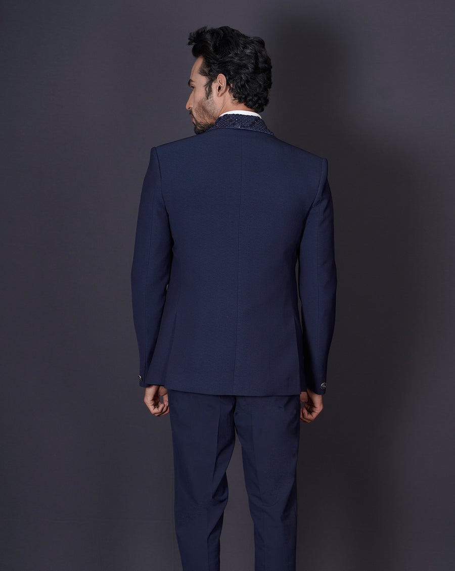 Navy Embroidered Tuxedo Set