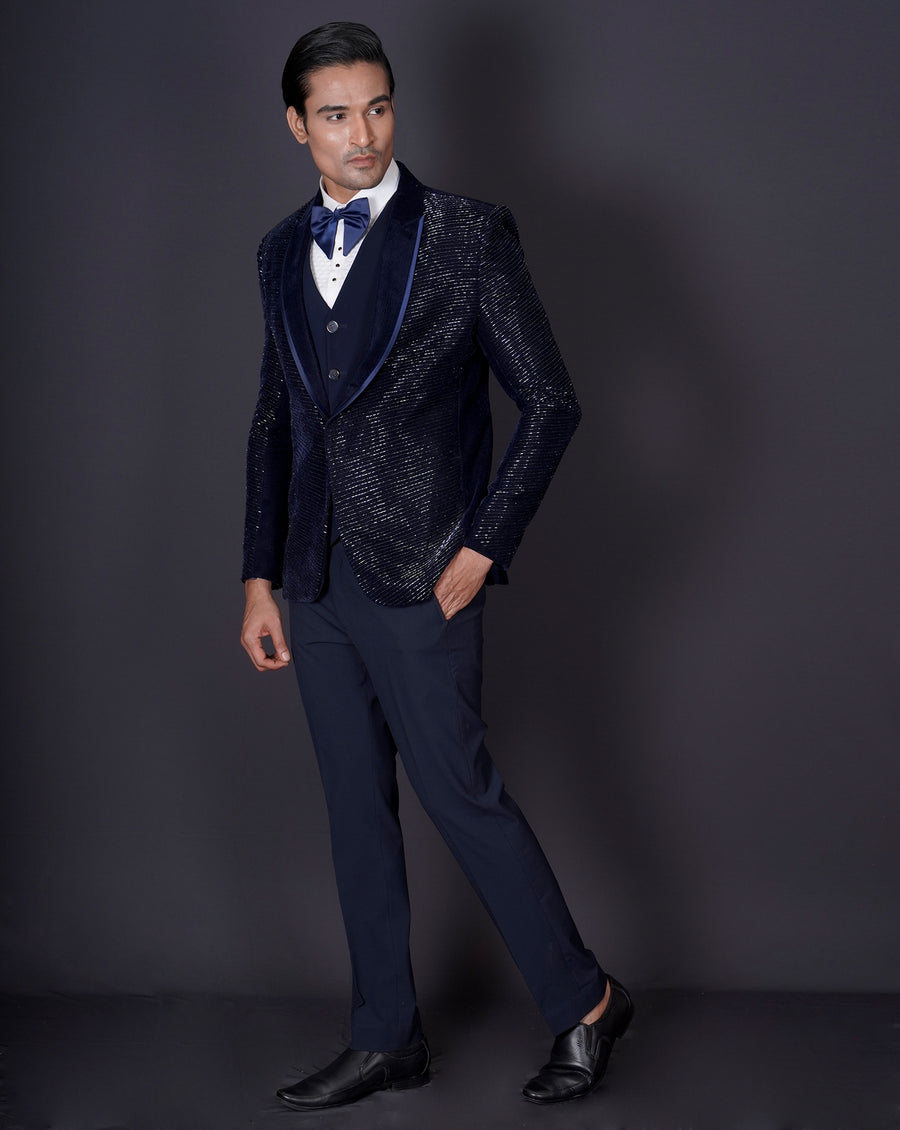 Blue Embroidered Tuxedo Set