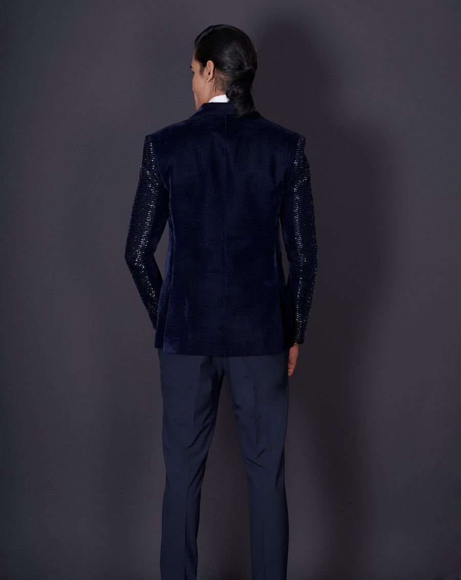 Blue Embroidered Tuxedo Set