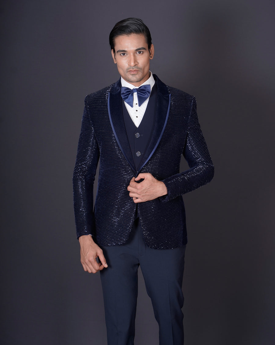 Blue Embroidered Tuxedo Set