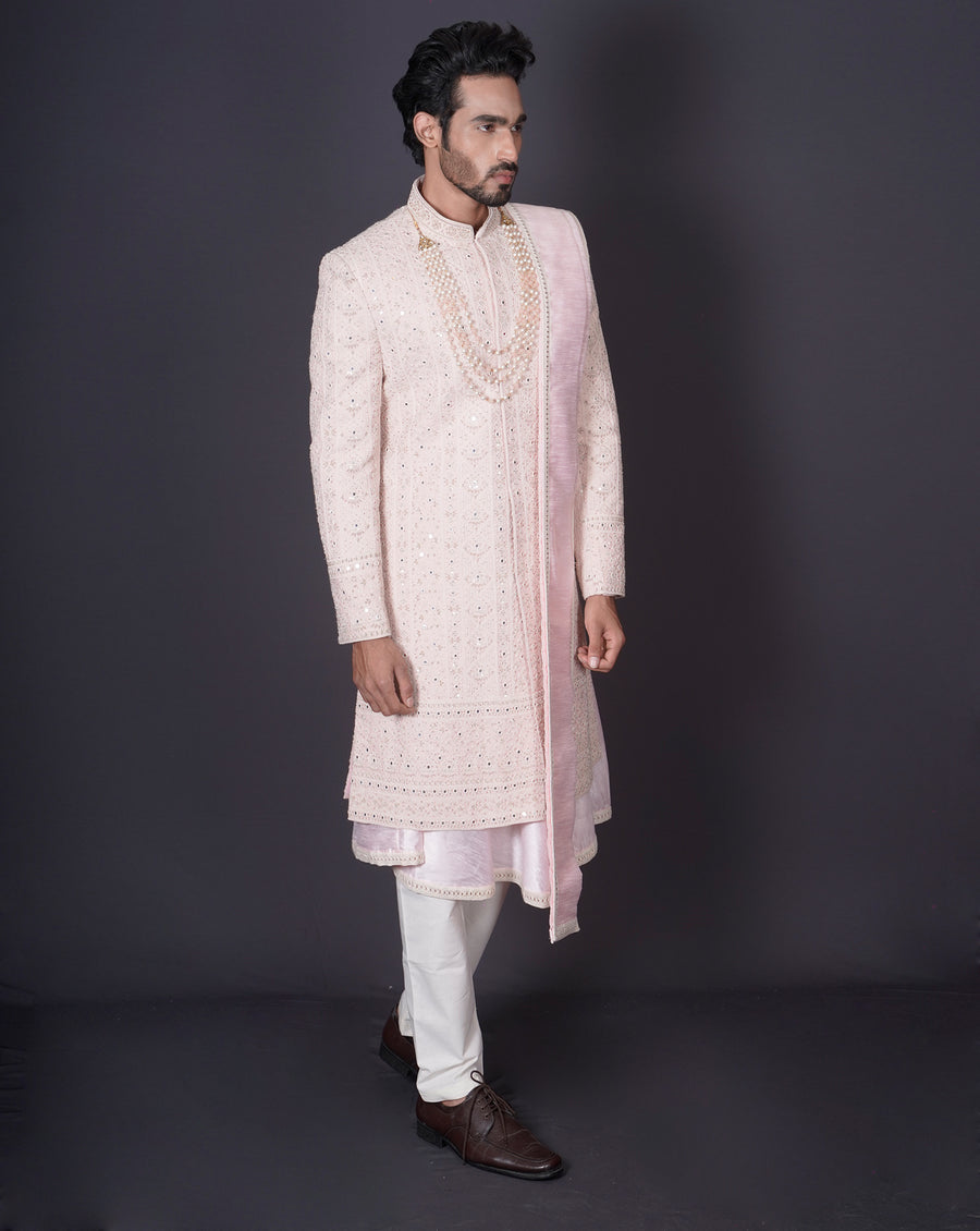 MOF Pink Embroidered Sherwani