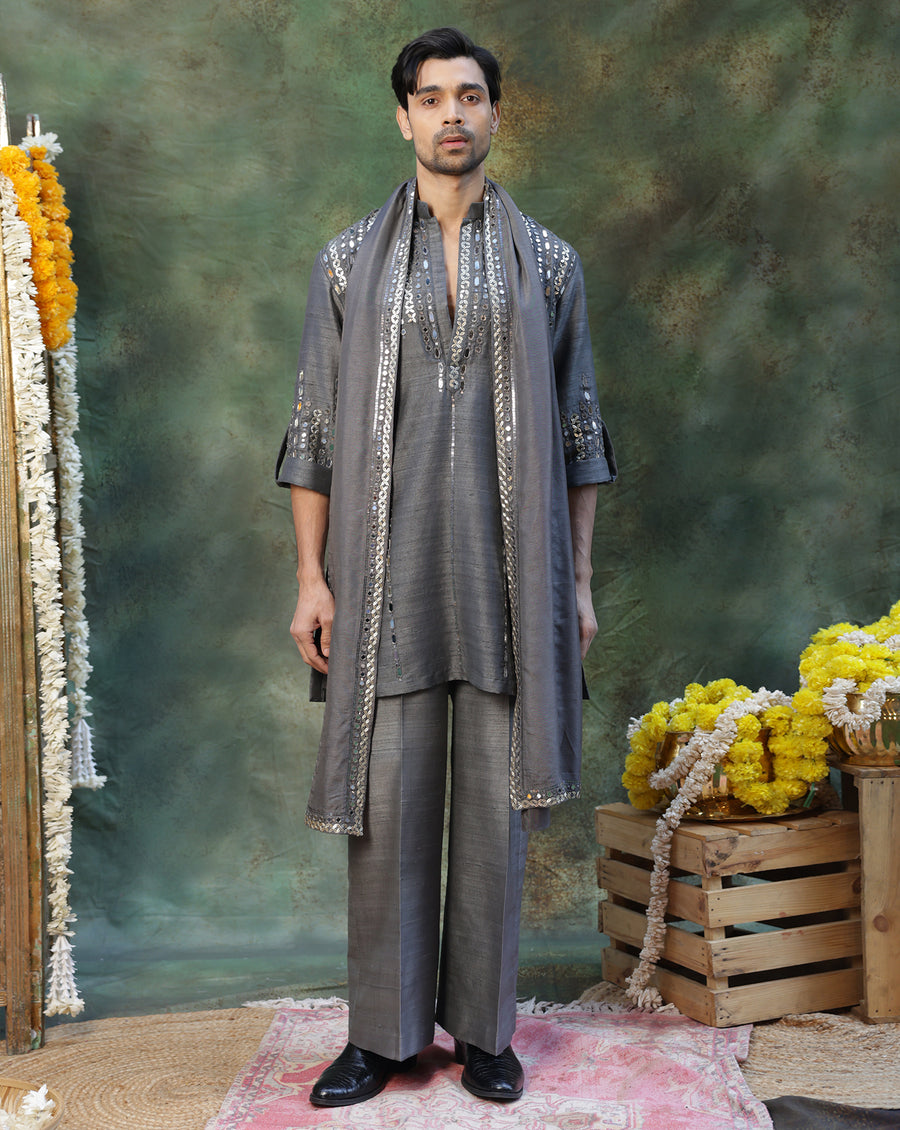Menswear Grey Mirror Work Kurta Set