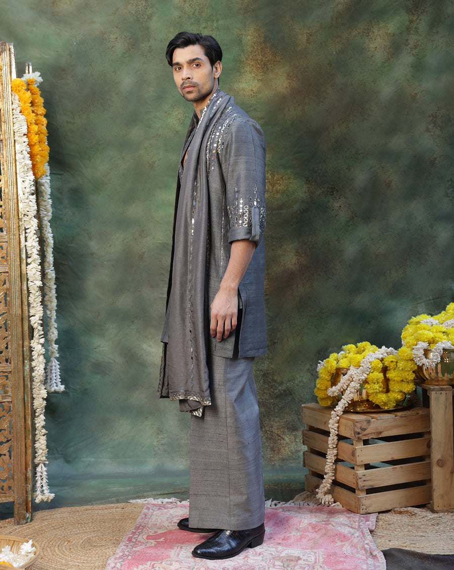 Menswear Grey Mirror Work Kurta Set