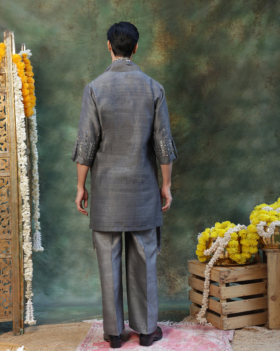 Menswear Grey Mirror Work Kurta Set