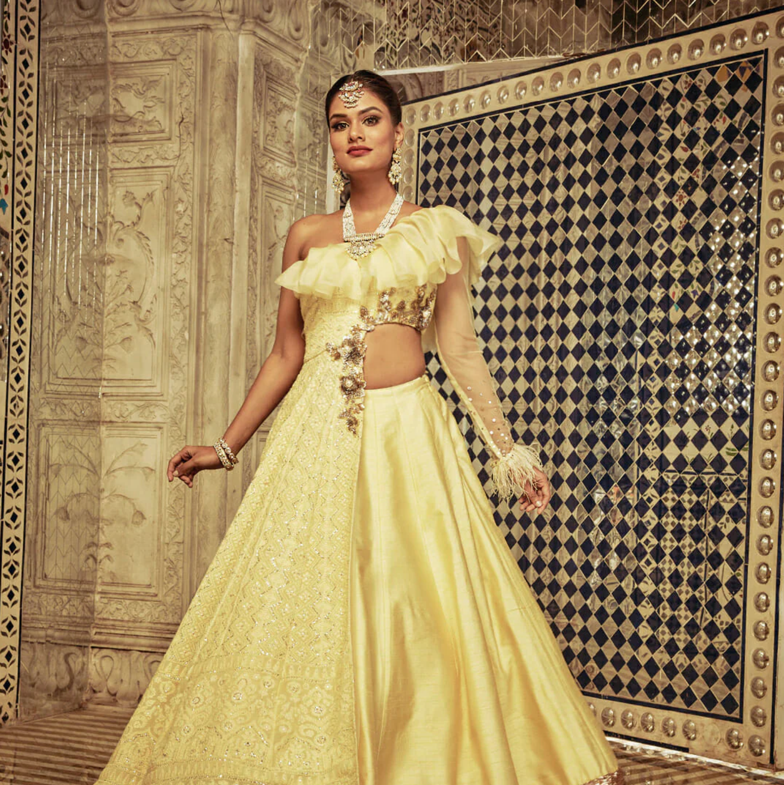 Yellow Ruffle Anarkali Lehnega