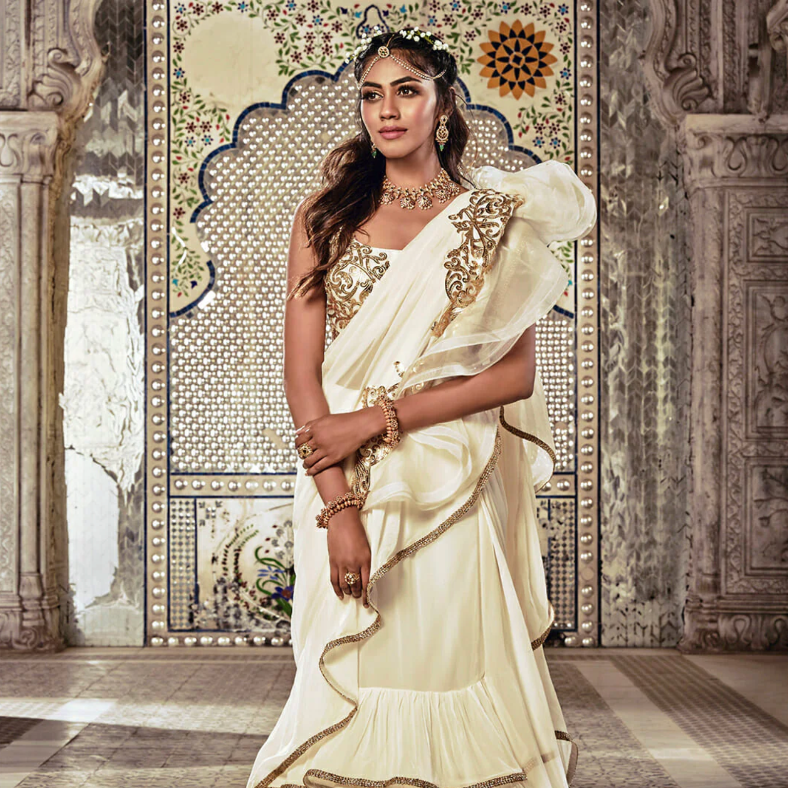 Ivory Ruffle saree