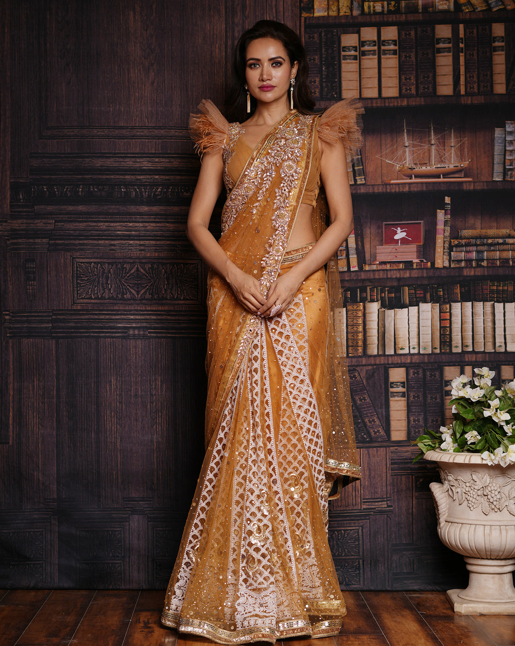 The Ruffle Gold Lucknowi Sari