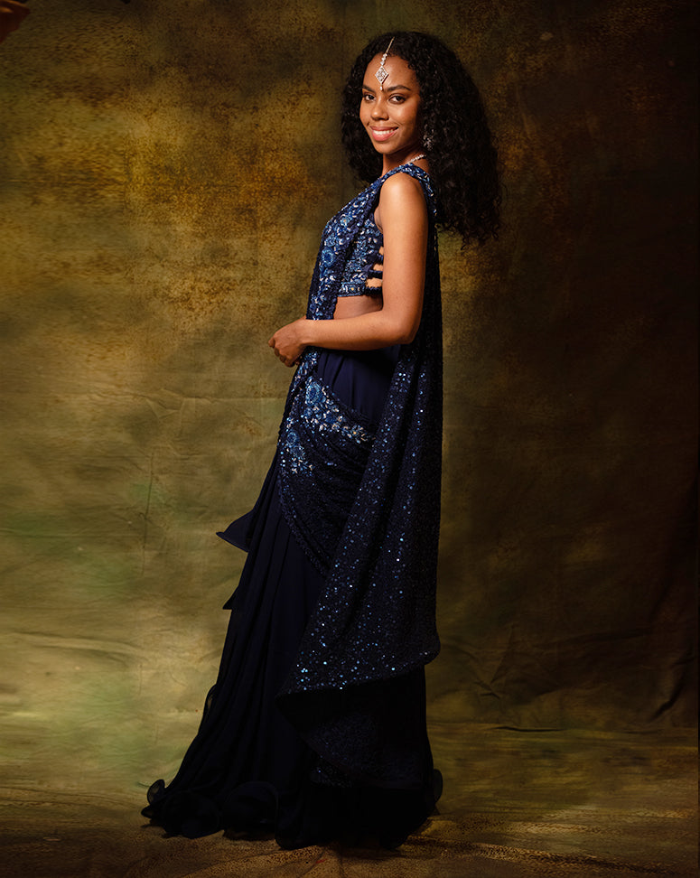 The Shimmering Blue Skirt Sari