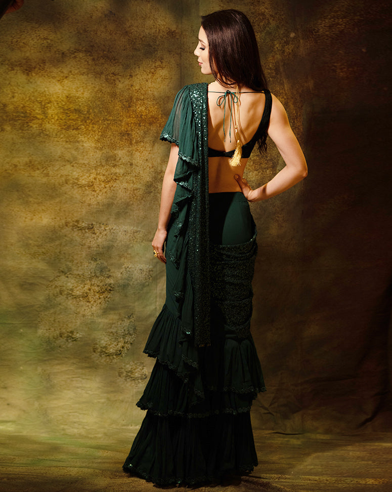 The Shimmering green ruffle sari