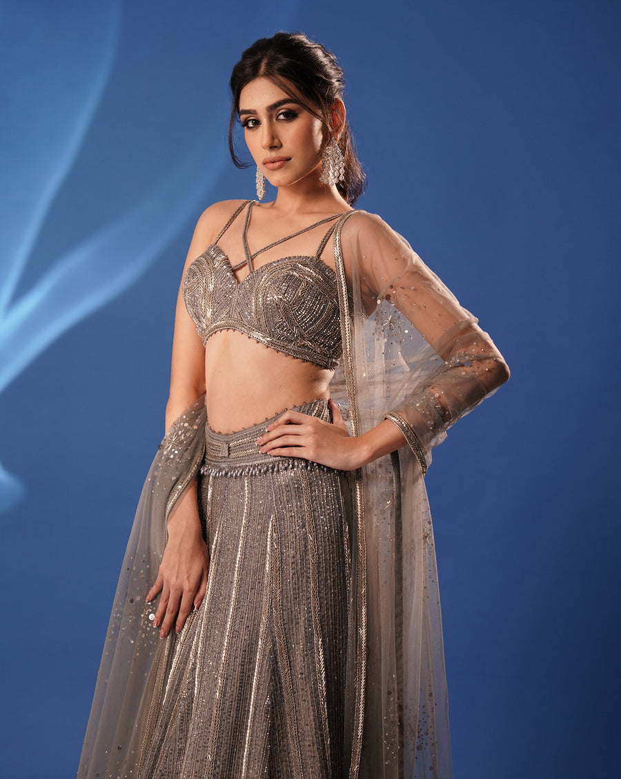 Grey Embroidered Lehenga Set
