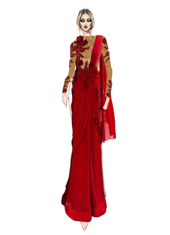 Red Embroidered Sari Gown