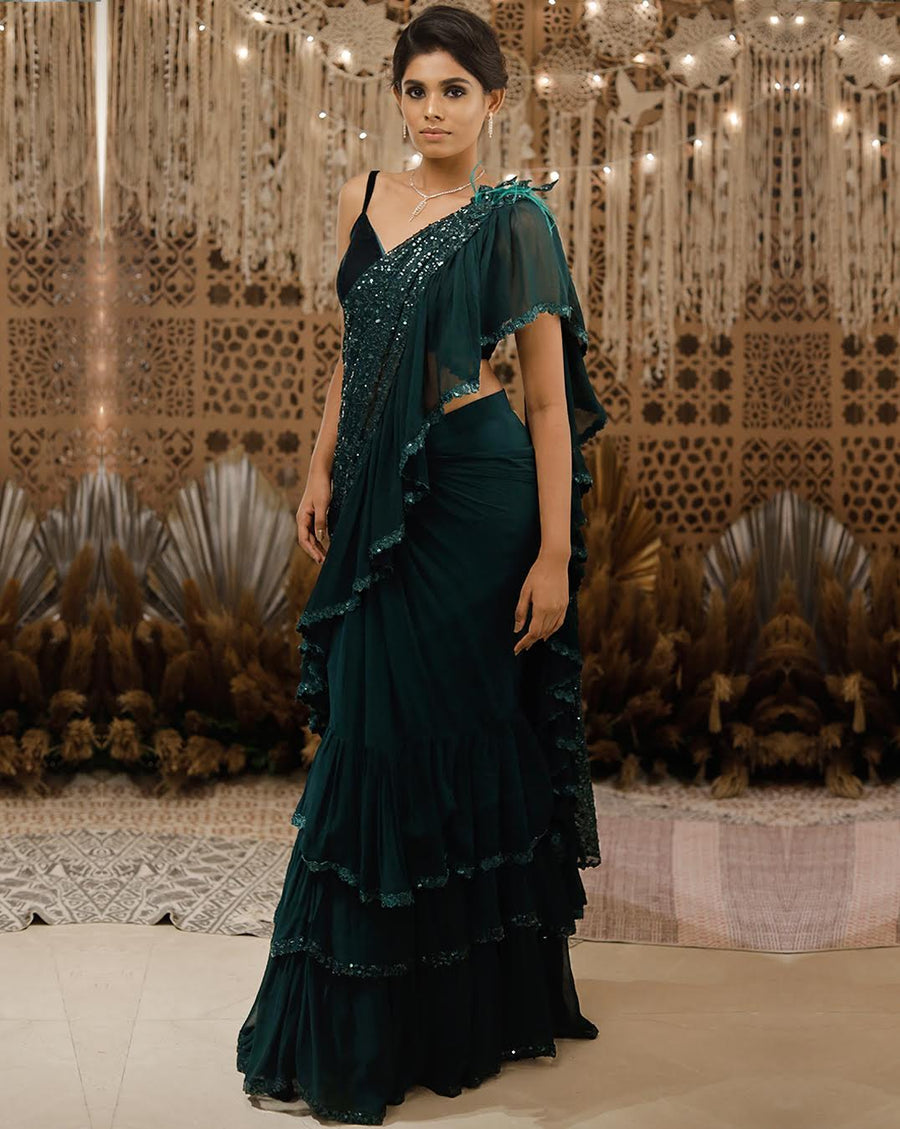 The Shimmering green ruffle sari